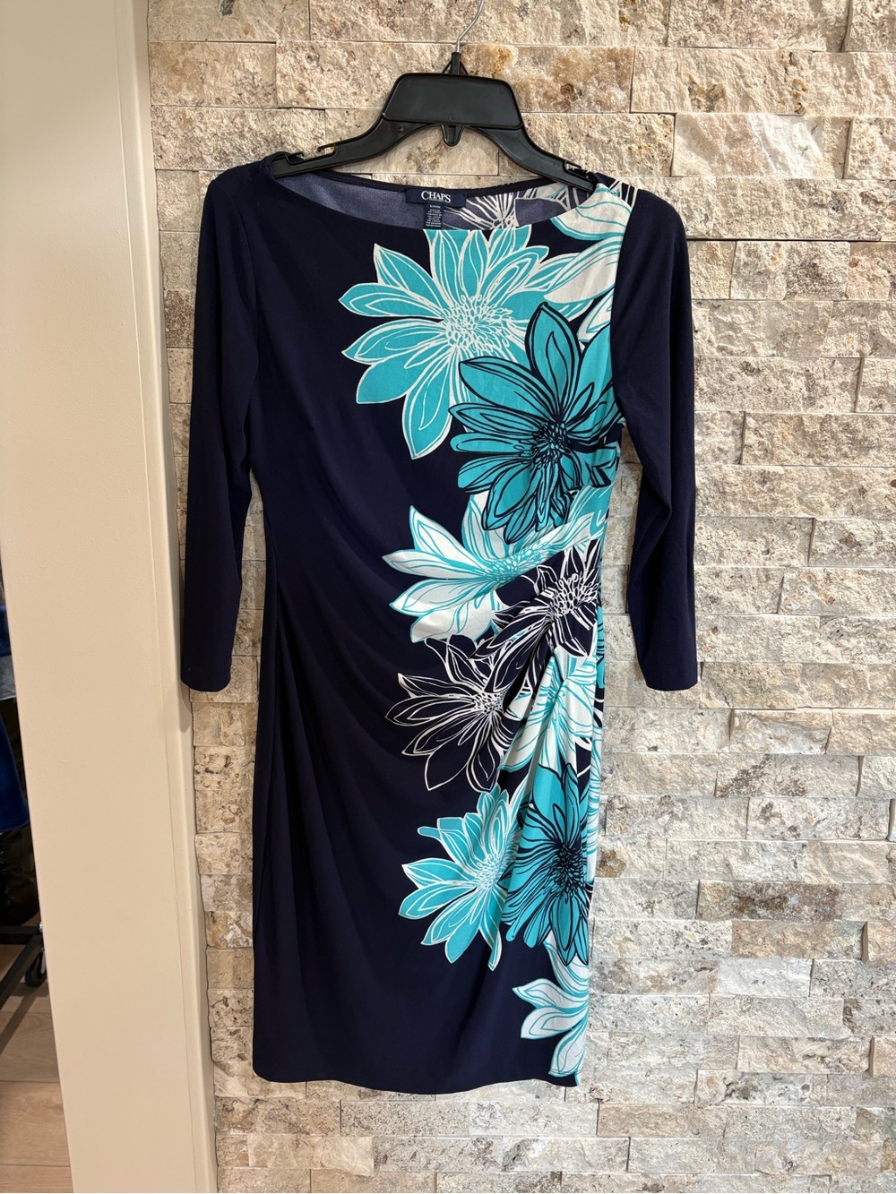 Chaps Navy Floral Sheath Dress - Teal & White Blooms size S - Picture 3 of 7